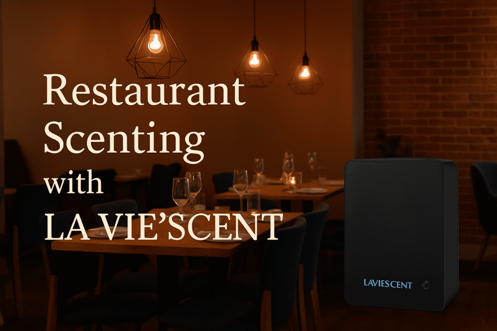 Luxurious restaurant interior with warm lighting and elegant table settings, featuring the LA VIE'SCENT aroma diffuser for premium scent marketing.